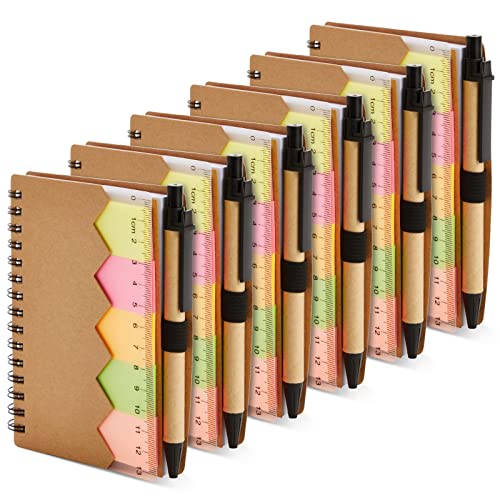 Juvale Sustainable Greetings 6 Pack Pocket Notebook with Pen - Small Spiral Steno Notepads Bulk with Sticky Tabs and Ruler - Kraft Paper Cover (4 x 5.5 In Mini Notebook With Pen)