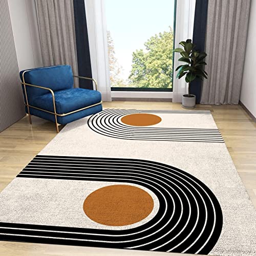 Nordic Boho Lines Orange Geometric Area Rug, Modern Mid-Century Cream Indoor Non-Slip Kids Rugs, for Living Room Bedroom Kitchen Dining Room Home Office Floor Rug,5 x 7ft