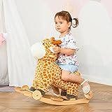 Qaba Rocking Horse, 2 in 1 Kids Ride on Horse, Rolling Giraffe Animal Rocker with Sound, Wooden Base, Pedal, Grip Handle, Plush Riding Pony for 3-6 Years Old, Yellow