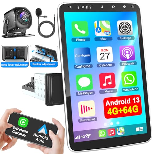 Android 13 Single Din Car Stereo 10 Inch Rotatable Touch Screen Radio with Wireless Carplay Android Auto, GPS Navigation WiFi FM/RDS HiFi Bluetooth Android Radio Head Unit, Mirrorlink, Reverse Camera