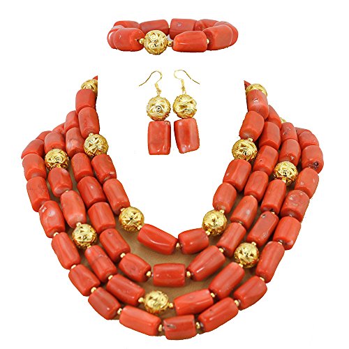 Africanbeads 4 Rows Pink Coral Beads Jewelry Sets, Nigerian Wedding Coral Beads Jewelry Set