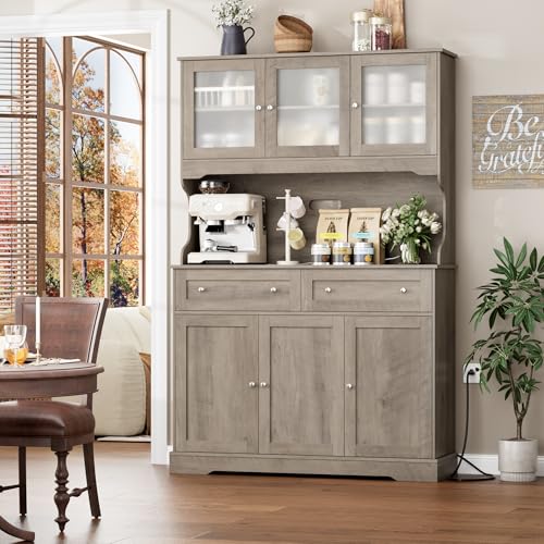 FACBOTALL 71.9" Kitchen Pantry Cabinet, Tall Storage Cabinet, Kitchen Cabinets with Countertop and Outlets, Farmhouse Kitchen Pantry Storage Cabinet with Doors and Shelves for Kitchen, Wash Gray