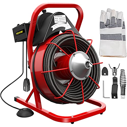 VEVOR Drain Cleaner Machine, 75 Ft x 3/8 Inch Drain Cleaning Machine Fits 1 to 4 Inch Pipes, Portable Drain Auger Cleaner with 4 Cutters, Electric Drain Clog Remover Plumbing Tool