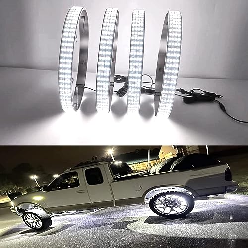 JXOFROAD 15.5in Pure White Wheel Ring Lights,12V New Upgrade Quad Rows 1152-LEDs Waterproof Tire Rim Light with RF Remote APP Control for Truck Car SUV Pickup