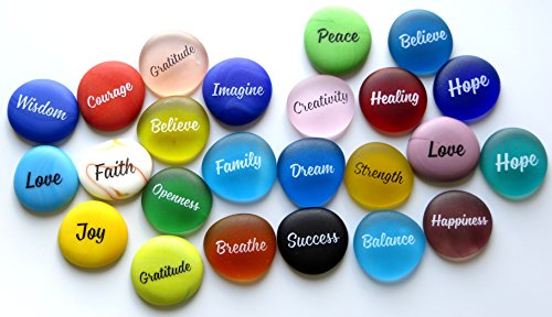 Lifeforce Glass Sea Stones, Frosted Faux Sea Glass, Motivational, Inspiring Encouraging Single Words Set of 24.