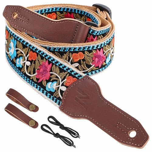 Nefelibata Banjo Strap, 2" Wide Double Full Grain Cowhide Guitar Strap Adjustable Replacement,Multi-pattern Guitar Strap With Headstock Rope and Leather Headband(Multi Flower Embroidery)