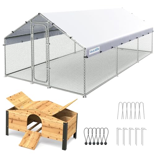 Quictent Large Metal Chicken Coop Run W/Nesting Box for 30+ Poultry with Heavy Duty Wire Mesh and Waterproof Roof Cover, Outdoor Walk-in Cage Peak Hen House for Yard Farm, 18x9x6.6FT