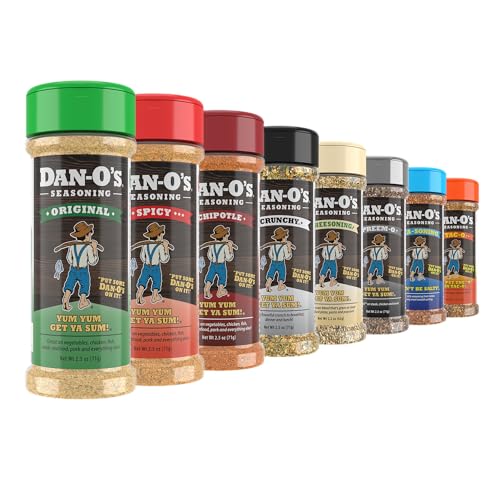 Dan-O's 8 Bottle Seasoning Set, Extra-Small Bottles, 8 Pack, Includes Original, Spicy, Chipotle, Crunchy, Cheesoning, Preem-O, SEA-soning and Tac-O Seasonings, Sugar Free, Zero Calorie, Seasoning Kit