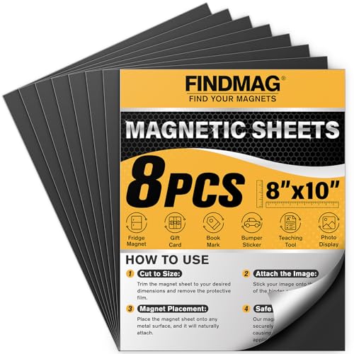 FINDMAG Magnetic Sheets, Flexible Magnets with Superior Adhesive Backing, Cut & Customize Magnet Sheet Set for Creating Magnetic Photo, Crafting, Organizing, and DIY Projects - 8 Pack (8" x 10")