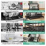 XLMYS Dish Drying Rack, 2 Tier Large Dish Drying Rack for Kitchen Counter with Drainboard Stainless Steel Dish Drainer for Dish/Knifes/Cup/Cutting Board, Black