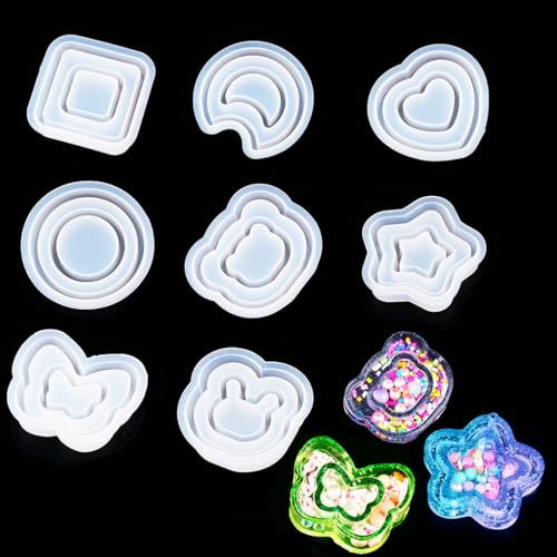 FineInno 8 PCS Resin Shaker Molds,Double Layer Silicone Mold for Epoxy Resin Casting,Heart,Star,Butterfly Quicksand Mold with 80 PCS Sealing Sheet