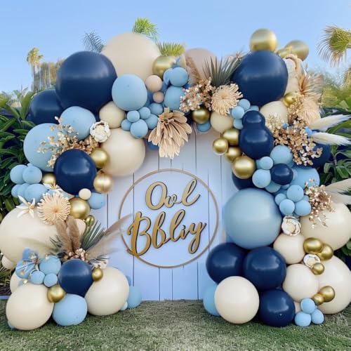 Navy Blue Balloon Garland Double Stuffed Dusty Blue Gold White Sand Balloons Beige Cream Metallic Latex Arch Kit for Neutral Baby Shower Graduation Birthday Party Decoration