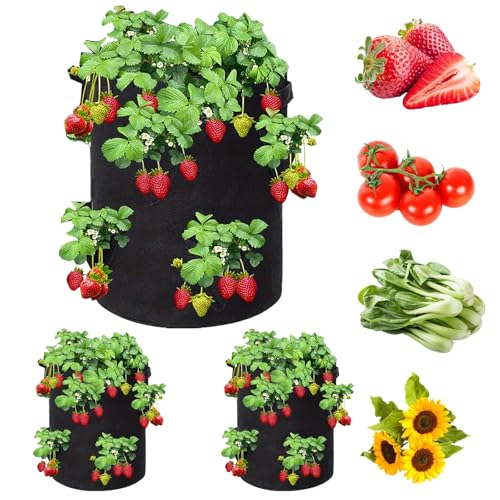 izafira 8 Hole 10 Gallon Strawberry Grow Bags, 3 Pcs Non-Woven Garden Pots, Plant Vegetable and Flower with Sturdy Handle