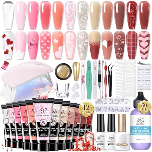 BORN PRETTY Poly Extension Gel Kit-12 Colors Extension Nail Gel Kit Nude Clear Jelly Pink All-In-1 Kit Builder Glue Gel with Nail Lamp Base Top Coat Set Nail Forms French Manicure Ideal Gifts