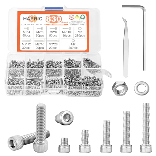 Hapric 830 Pcs M2 Screws Assortment Kit Metric Nuts and Bolts M2*4mm/6mm/8mm/10mm/12mm/16mm/20mm Metric Machine Screw Kit, 304 Stainless Steel Hex Socket Head Screws Nuts Bolts and Washers Set