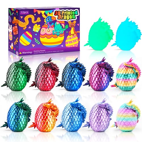 Impossmaker 12PCS 3D Printed Dragon Eggs with Dragon Inside, Cool Stuff Fun Gifts, Mini Dragon Egg Set Articulated Crystal Dragon Fidget Toy for Adults Teens Boy Gifts Easter Basket Stuffers