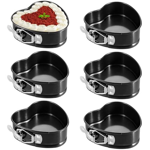 Hoolerry 6 Pcs Mini Heart Springform Pan 4 Inch Heart Shape Mini Cheesecake Pans Non Stick Cake Mold Small Cake Mold with Drop Bottom for Air Fryer Pressure Cooker Baking (Black)