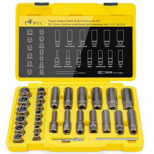 Topec Deep Bolt Extractor Set 28PCS, 3/8" Drive Bolt Extractor Kit, Spark Plug Extractor Socket Set, Lug Nut Removal Tool for Stripped, Broken, Rounded Bolts Lug Nut Stud Remove