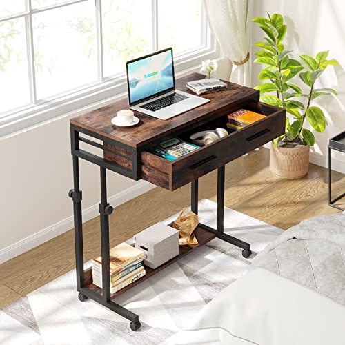 Tribesigns Portable Desk with Drawers, Mobile Laptop Desk with Wheels, Couch Desk Sofa Side Table Bed Desk, Small Standing Desk for Home Office (Brown)…