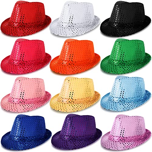 Janmercy 12 Pieces Western Sequin Hat Glitter Solid Color Dance Hat Retro Disco Unisex Costume Cap for Party Props Supplies(Multicolor)