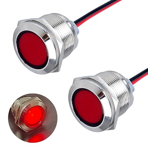 DMWD 2PCS 22mm Metal Indicator Light Mounting Hole 7/8", 110-220VAC 20mA Waterproof IP67 Single lamp LED Pilot Lamp Flat Head with 20cm/7.87in. Wire for Car Truck Boat(Red LED)