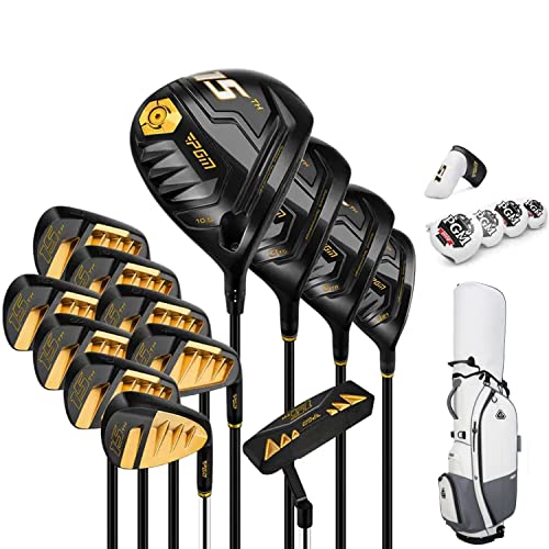 PGM Men's 13-Piece Complete Golf Club Set - Includes 3 Woods, 1 Hybrid, 7 Irons, Sand Wedge, Putter, and Stand Bag - Right Handed