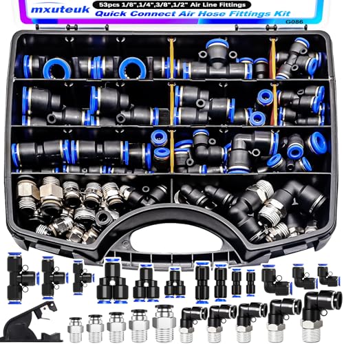 mxuteuk Quick Connect Air Hose Fittings Kit,1/8",1/4",3/8",1/2" Push to Connect Fitting,Air Line Quick Connect Fittings,Quick Release Pneumatic Kit (53PCS)