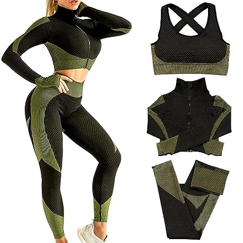 SINBRLAI Women's 3pcs Seamless Workout Outfits Sets, Yoga Sportswear Tracksuit Leggings and Stretch Sports Bra Fitness