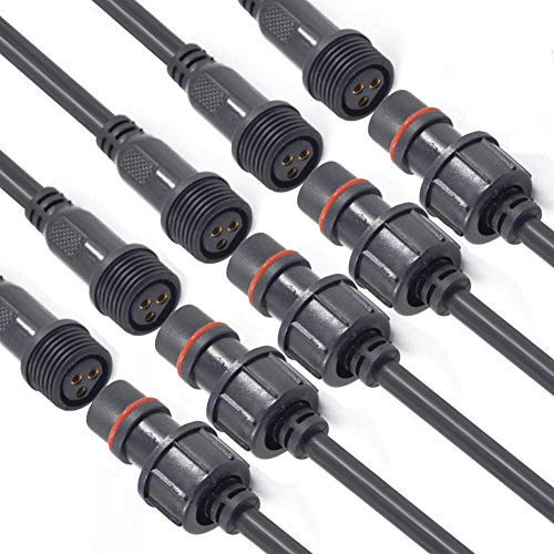 YETOR Waterproof Connector 3wire, 16AWG Male Female Plug LED Connector with 3Pin Waterproof Connectors IP68 20CM Extension Cable for Indoor/Outdoor LED Strip Lights.(5Pairs)