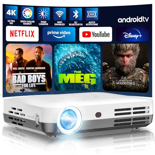 Boss S7 4K Projector – 7000 Lumens, 3D Android Smart Projector - 3840x2160 Resolution, Free Projector Screen, Free mount, 300" Display, Bluetooth & Wi-Fi – Home Theater, Gaming & Business Presentation