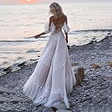 Sorayan Women's Wedding Dresses Chic Lace Evening Dresses V Neck Ruffle Sleeves Beachy Boho Outdoorsy Wedding Gowns(Nude Pink,M)