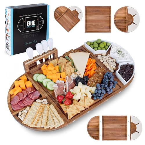 Large Wooden Charcuterie Board Set - 3-Piece Magnetic Long Serving Board Tray with Charcuterie Accessories - Acacia Wood Cheese Platter with Cheese Knife Set & Ceramic Dishes - Brown (Oil Finish)
