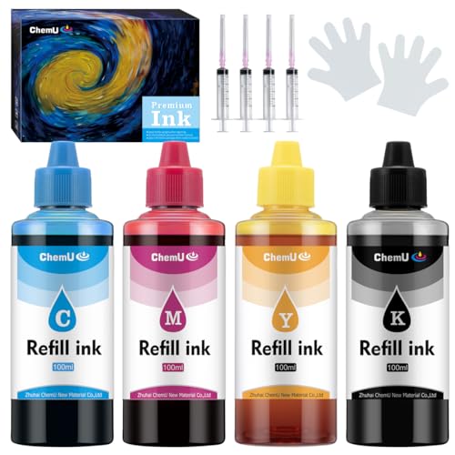 ChemU Ink Refill Kit for HPQ 910 902 61 60 67 901 952 & CanonQ 240 241 245 246 250 251 270 271 280 281 Dye Ink for Refillable Ink Cartridges Compatible with HPQ Deskjet Printers（4X100ML）