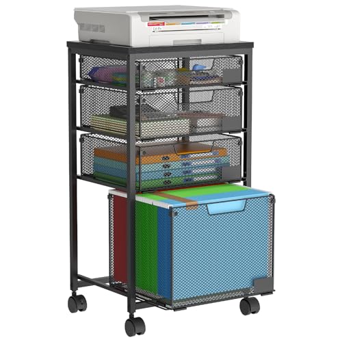 Rolling File Cart with 4 Storage Drawers, Filing Cabinet for Home Office, Hanging File Folder Organizer with Wheels Under Desk, Utility Craft Cart Printer Stand, Black, Patent Pending