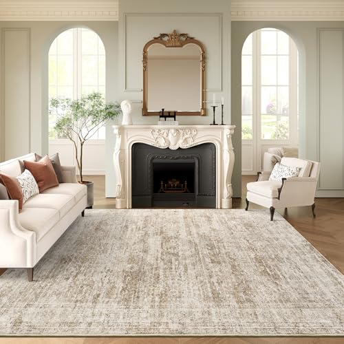 Washable Area Rug 8x10, Large Soft Rugs for Living Room Vintage Area Rugs for Bedroom Dining Room Non-Slip Stain Resistant Brown Rug Under Table Rug