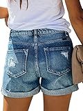 Angerella High Wasted Shorts Women Ripped Folded Hem Distressed Button Fly Denim Jean Shorts Blue XL