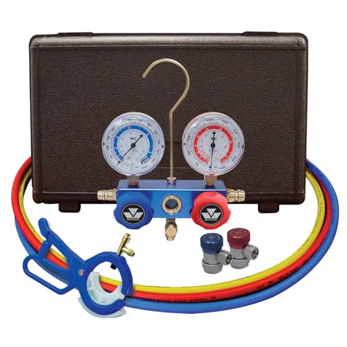 Mastercool 89661-PRO Automotive R134a 2-Way Manifold Gauge Set with 3-in-1 Can Tap Valve – U.S. Designed, Assembled, and Tested – Includes 60" Hoses and Manual Couplers