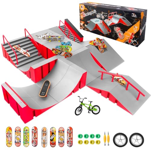 CS COSDDI Finger Skateboard Park Kits,14 in 1 Skateboard Finger Toys with 8 Finger Skateboards & 14 Skatepark Deck Ramp,Finger Bike for Boys or Girls Gift,Mini Finger Skateboards Ramp Accessories Set
