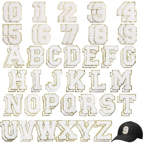 Acrebow 72 Pcs White Chenille Letter Number Patches Include 52 Letters & 20 Numbers Self Adhesive Stickers Fuzzy Varsity Embroidery Applique Stick On Sew On Iron On for Fabric Clothing Hats Jeans