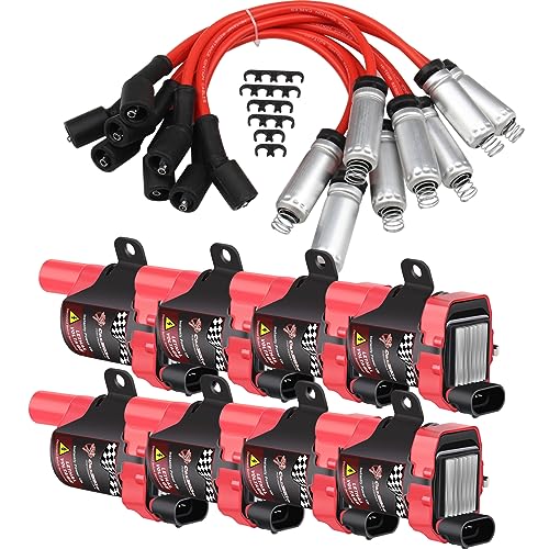 Pindex 8 Pack D585 UF262 Round Type Ignition Coils with Spark Plugs Wires Compatible with Chevy GMC CADILLAC Chevrolet 1999-2007 4.8L 5.3L 6.0L Part Number C1251 12622553 12656210
