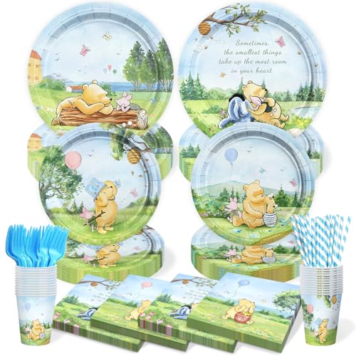 300 Pcs Winnie Bear Baby Shower Plates and Napkins Tableware Set, Plates Napkins Cups Straws and Forks Sets, Winnie Baby Shower Decorations Birthday Party Supplies, Serves 50 Guests