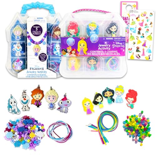 Disney DIY Necklace Activity Kit - Bundle with Princess and Frozen Jewelry Making Kits with 300 Beads and 10 Charms Plus Stickers, More | Disney Princess and Frozen Arts and Crafts for Girls, Kids