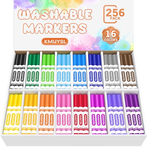 KMUYSL Washable Markers Bulk, Assorted Colors - Broad Line Conical Tip Coloring Markers for Kids, School Art Supplies & Back to School Supplies, Teacher Classroom Must Haves (16 Colors, 256 Pcs)