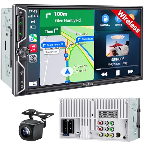 QLED Double Din Car Stereo with Wireless Apple CarPlay & Android Auto, 4.2-CHN Audio Output, Backup Camera, Bluetooth, MirrorLink, 7" Touchscreen, FM/AM Radio