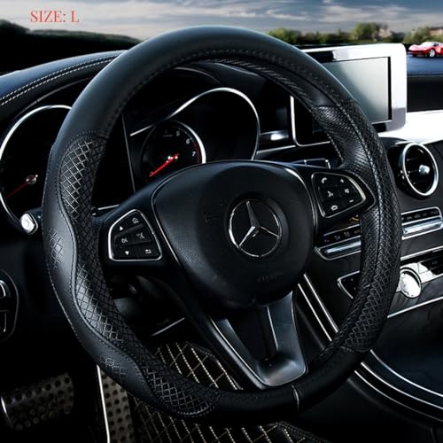 Black Leather Steering Wheel Cover Cowhide Wheel Cover Genuine Leather SUV Steering Wheel Covers Universal Size L / 15.5inch Fit Car/Auto/SUV (B-Black-L)