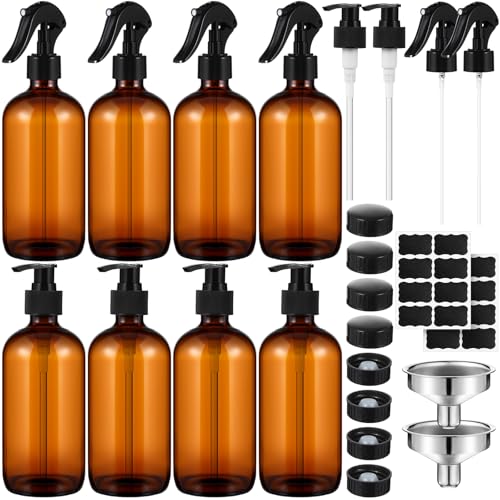 Teenyyou 8 Pcs 16 oz Glass Spray Bottles with Emulsion Pumps and Nozzles, 8 Pcs Refillable Empty Amber Glass Spray Bottles with 16 Tags 2 Stainless Steel Funnels for Cleaning, Essential Oils, Hair