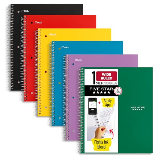 Five Star Spiral Notebook + Study App, 6 Pack, 1 Subject, Wide Ruled Paper, 8" x 10-1/2", 100 Sheets, Fights Ink Bleed, Water Resistant Cover, Assorted Colors (38042)