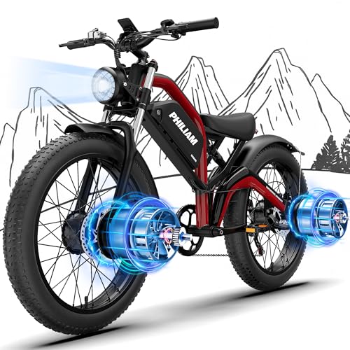 Electric Bike for Adults, 2000W 35MPH Dual Motor Ebike with 52v20Ah Battery Electric Bicycle,26" Fat Tire Ebikes for Adults, Max 67 Miles Electric Motorcycle,7 Speed Full Suspension E Bike (Rose Red)