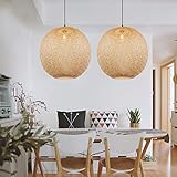 Arturesthome Bamboo Pendant Lights, Round Wicker Chandelier, Hand-Woven Boho Basket Lampshade Hanging Ceiling Light for Kitchen Island Living Room