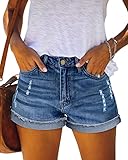 Angerella Womens Ripped Denim Jean Shorts Mid Rise Stretchy Floded Hem Short Jeans Blue Denim Small